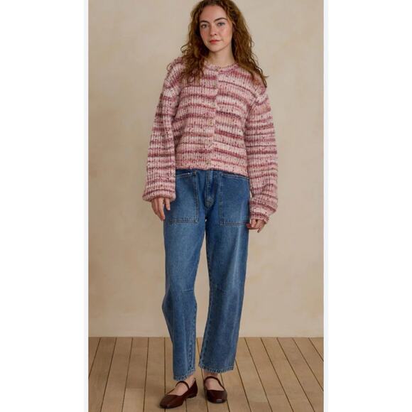Rylee + Cru Sweaters - Rylee & Cru Heathered Pink Knit Balloon Sleeve Wool Cardigan Medium Grandma Core